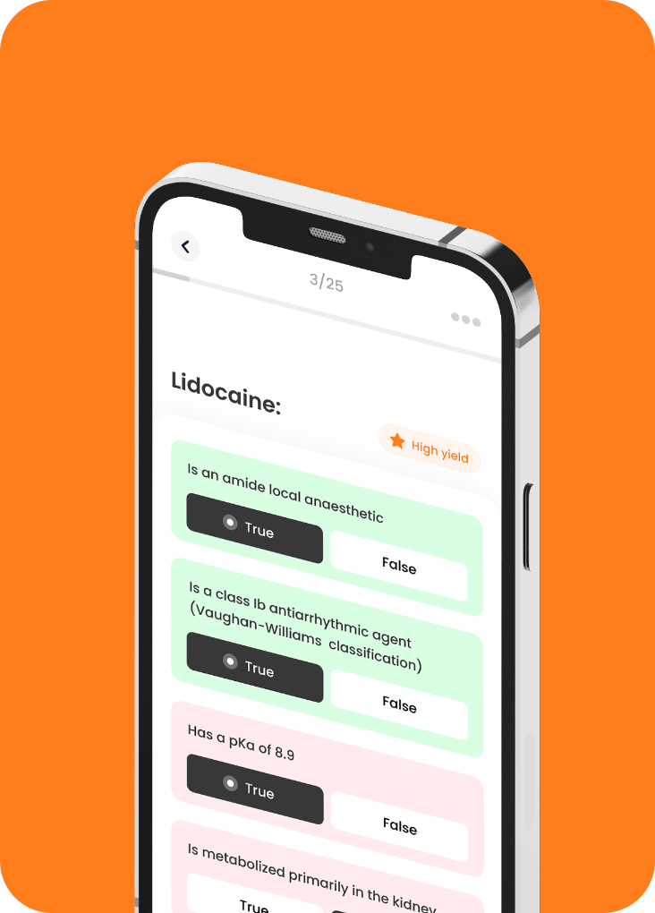 Sevotest app screen showing a true-or-false question about lidocaine