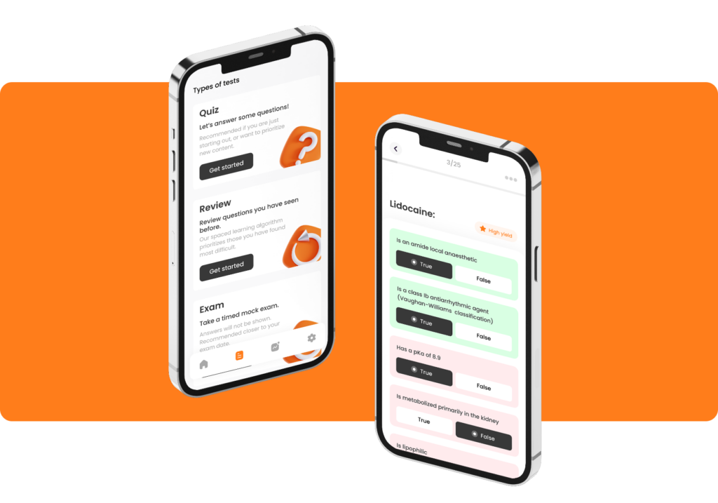 Two screens of the Sevotest app: the test types (quiz, review and exam) and a true-or-false question about lidocaine