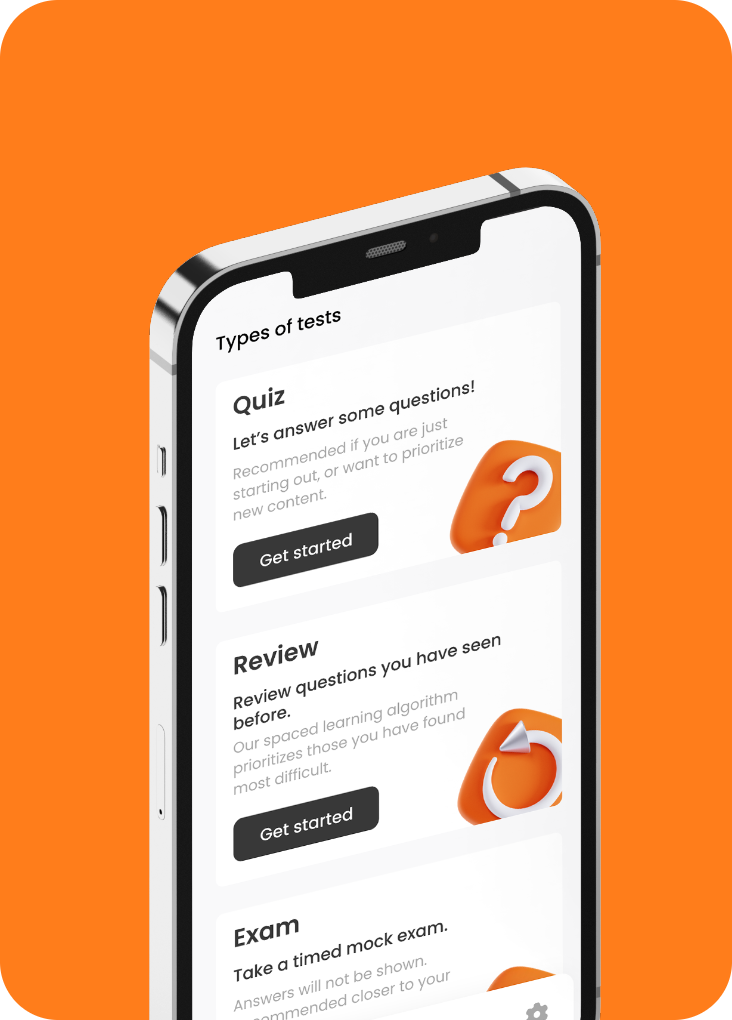 Sevotest app screen showing the test types: quiz, review and exam